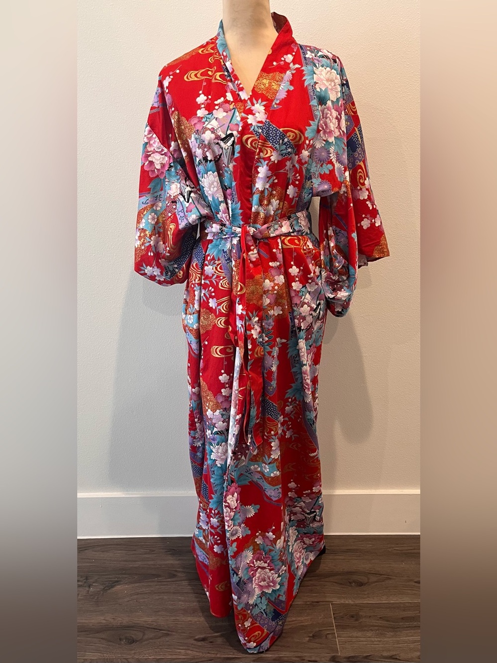 Red Floral Satin Kimono Robe